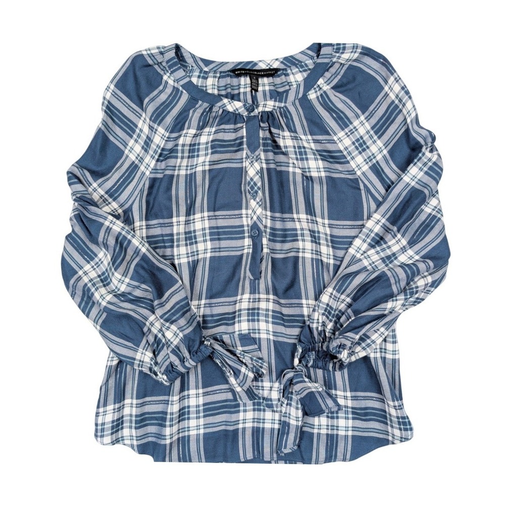 White House Black Market Blue Plaid Tie Cuff Long Sleeve Blouse Women's Size 4